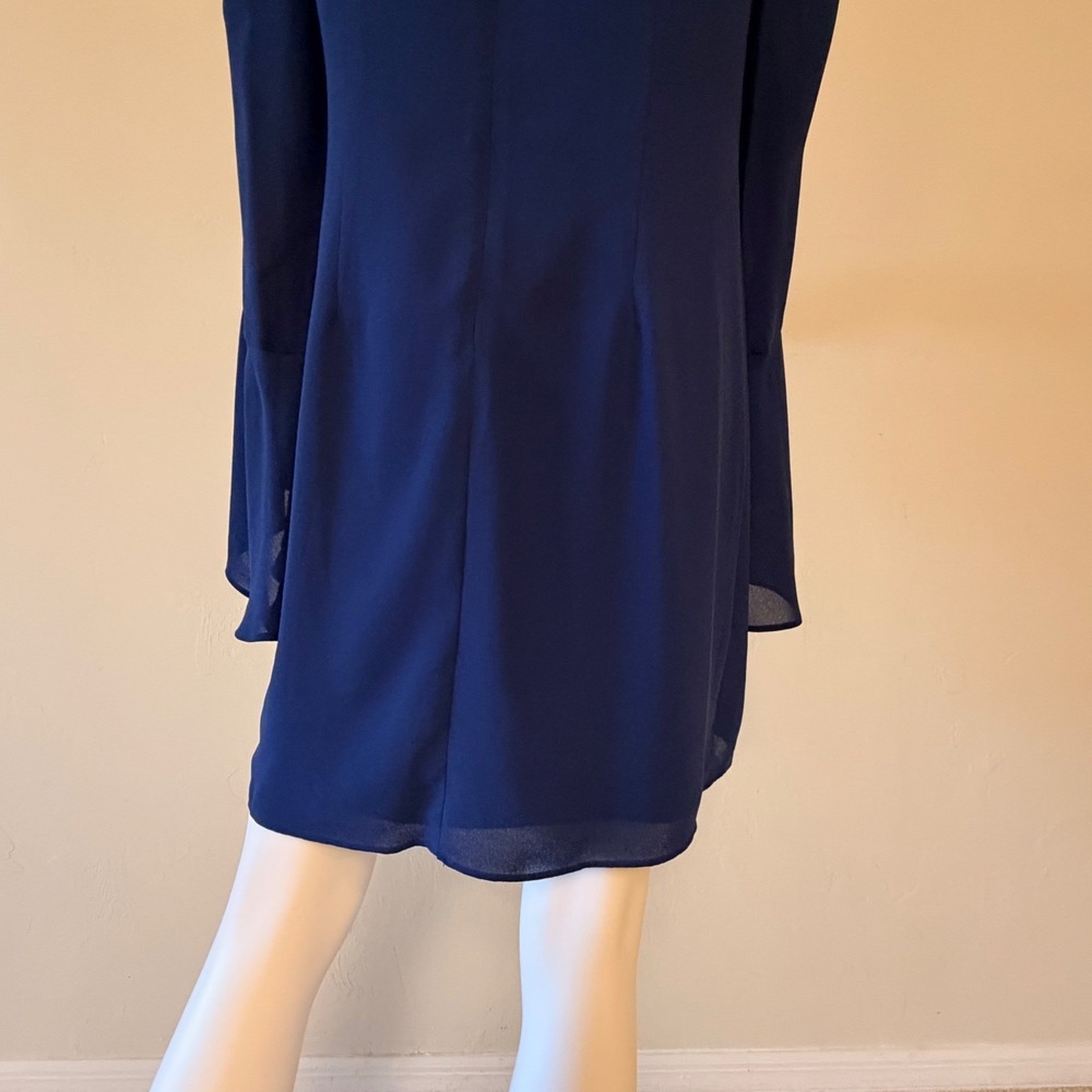 NWT Halston Heritage Lace Insert Dress Navy Blue Ruffle Sleeve Mini Dress Size 8 - Picture 9 of 15